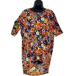 LuLaRoe Irma SS Hi Low Tunic Top Beautiful Orange Blues Red Green Print. Size XS